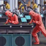 Thumbnail image of article photo showing men in factory with robots